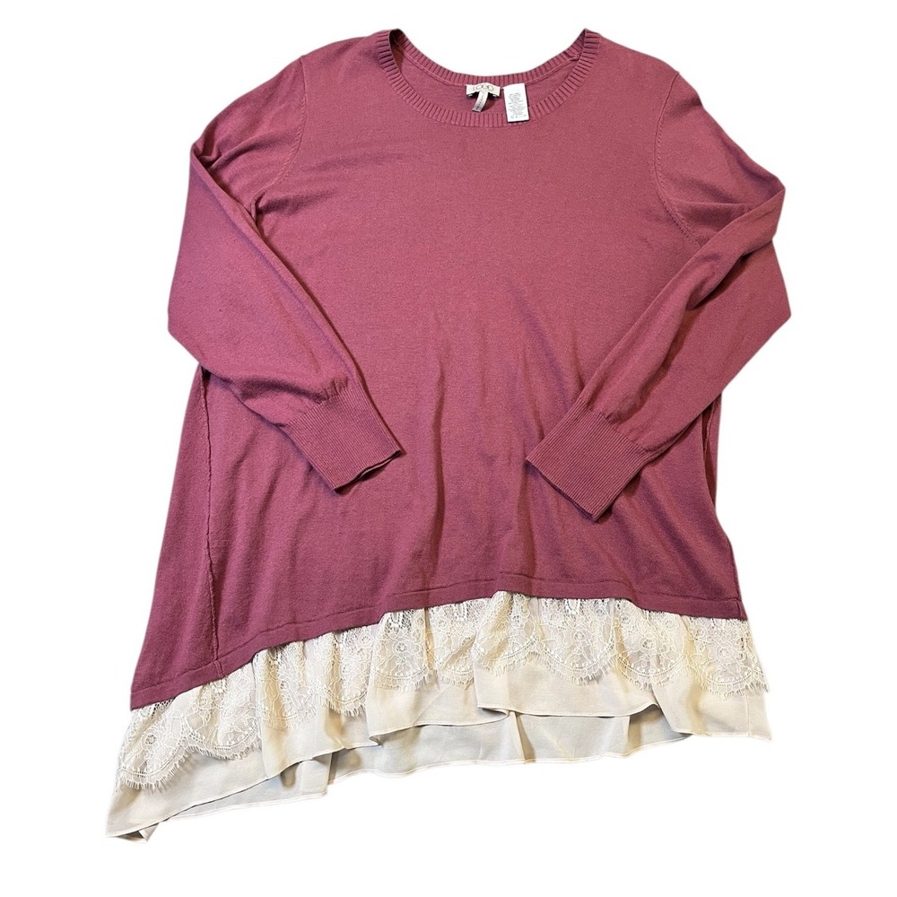 Logo by Lori Goldstein Cotton Cashmere Sweater Lace Trim 1X Pink Plus Feminine